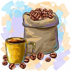 咖啡杯手绘彩绘咖啡豆插画
