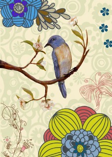 花鸟手绘彩绘小鸟站立枝头树梢花朵装饰画