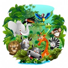 动物画森林里的动物聚会插画