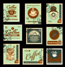 咖啡杯趣味复古咖啡邮票插画