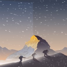 雪山风景手绘登山风雪夜晚背景
