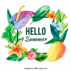 水彩画的背景与夏季水果和鲜花