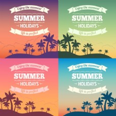 假日旅游暑假假期旅游背景海报与日落和棕榈树矢量插图