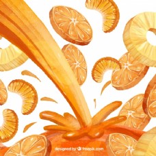 健康饮食水彩画的背景与汁和橙汁和菠萝片