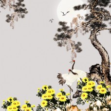 水墨松树白鹤菊花背景