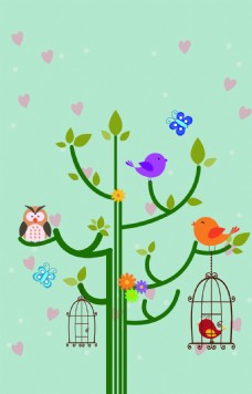 爱上绿色树枝上的彩色小鸟背景素材