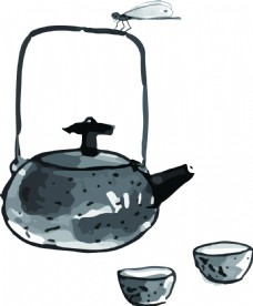 矢量中国风水墨茶壶装饰
