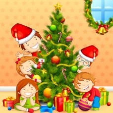儿童圣诞圣诞树圣诞帽卡通儿童矢量素材