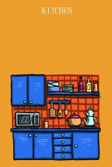卡通蓝色厨房设计海报背景素材