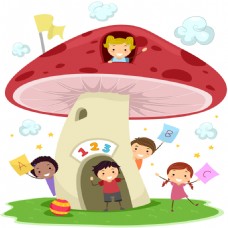 卡通动物与儿童蘑菇房子矢量素材