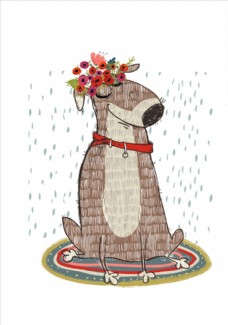 宠物狗植物花朵花卉卡通狗矢量图下载