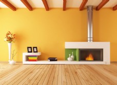 现代室内现代简约客厅壁炉亮黄色墙面家装室内效果图